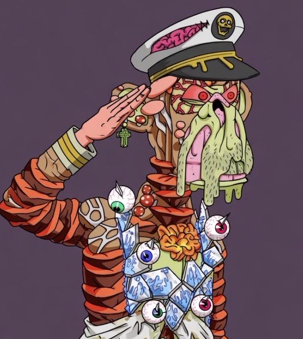 A surreal grotesque illustration depicts a saluting naval officer whose body is composed of melting flesh, eyeballs, and anatomical elements, set against a purple background.