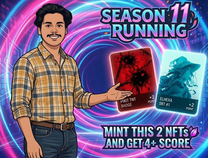 The image features a man standing next to a poster with two cards, one of which has a picture of a woman on it. The text on the poster reads "Season 11 Running" and "Mint this 2 Nfts and get 4+ score". This suggests that there is an online game or app related to running, where players can earn points by completing mini-games or challenges. The man in the image appears to be promoting this game or app, possibly as a way for people to enjoy themselves while also gaining some extra points.