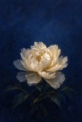 A cream-colored peony bloom is centered against a deep blue background, its soft petals highlighted by dark green foliage beneath, evoking a sense of quiet elegance. The accompanying post promotes a digital art collaboration called "Can We Be Friend?" with artist @ArtByMinaa, offered as NFT collectible #5 of 10 on the Tezos blockchain via objkt.com.