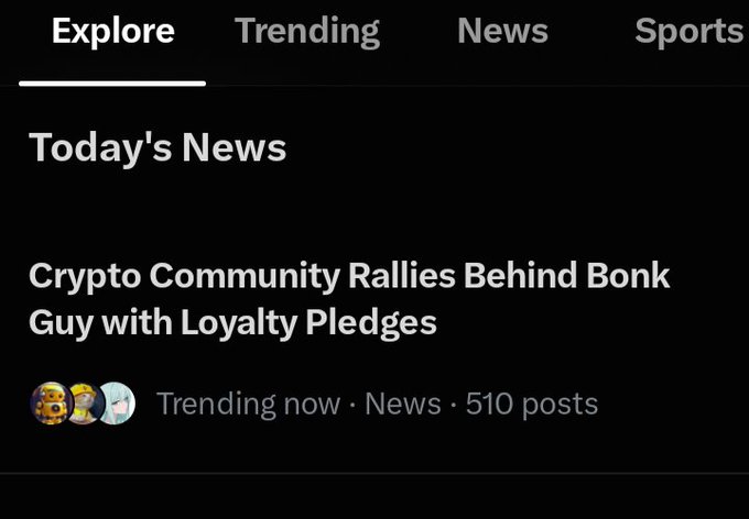 A social media interface showing a trending news story titled "Crypto Community Rallies Behind Bonk Guy with Loyalty Pledges" under the "Today's News" tab, tagged as "Trending now" with 510 posts. The post celebrates the crypto community's support for "Bonk Guy" (@theunipcs) against self-interested "bag-pushers," highlighting the story's viral status in the crypto space.