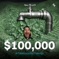 A man is pictured emerging from a green money pool in front of a large metal faucet, with bold text reading "$100,000" and "@thetradingfamster" at the bottom—visually reinforcing the "Challenge us" message by flaunting a high-stakes trading challenge with a substantial cash prize.