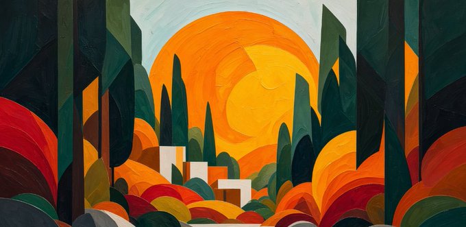 An abstract painting featuring stylized trees and rolling hills in warm orange and red tones with dark green foliage, surrounding a large orange sun against a light sky.