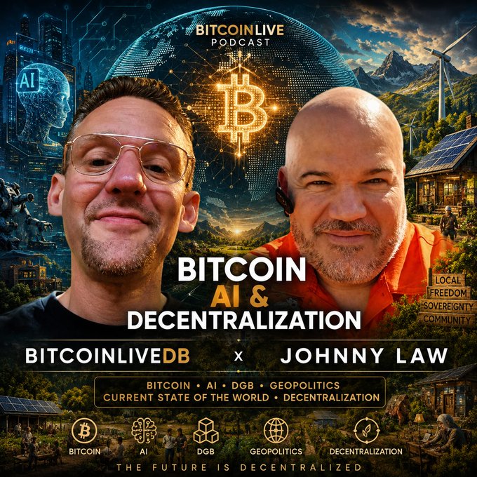 Podcast cover for Bitcoin Live Episode 35, "The Bitcoin-AI Nexus: Reclaiming Freedom in a Centralized World," featuring co-hosts BitcoinliveDB and Johnny DGB, with tags #Bitcoin, #AI, #DGB, #Geopolitics, and #Decentralization. The image visually ties to the episode theme by blending Bitcoin and AI imagery with scenes of renewable energy and self-sovereign communities, reinforcing the tagline "The Future is Decentralized."
