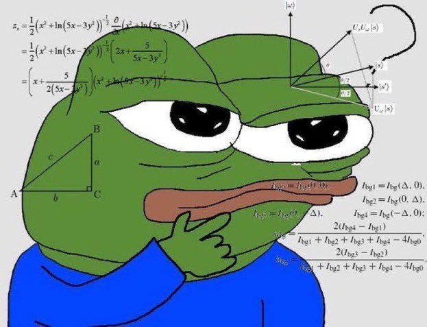 The "Math Frog" (or "Sad Pepe Thinking") meme is depicted surrounded by complex mathematical formulas, calculus, and trigonometric diagrams, symbolizing deep contemplation. This image relates to the post about BNB Chain's milestone of crossing 1M+ RWA (Real World Asset) holders, with the thinking frog representing the impressive analytical implications of tokenized stocks growing 2.5x from $913M to $2B+.