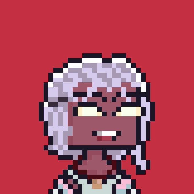 Pixel art portrait of a dark-skinned character with white hair, yellow eyes, and a white and red outfit against a red background.