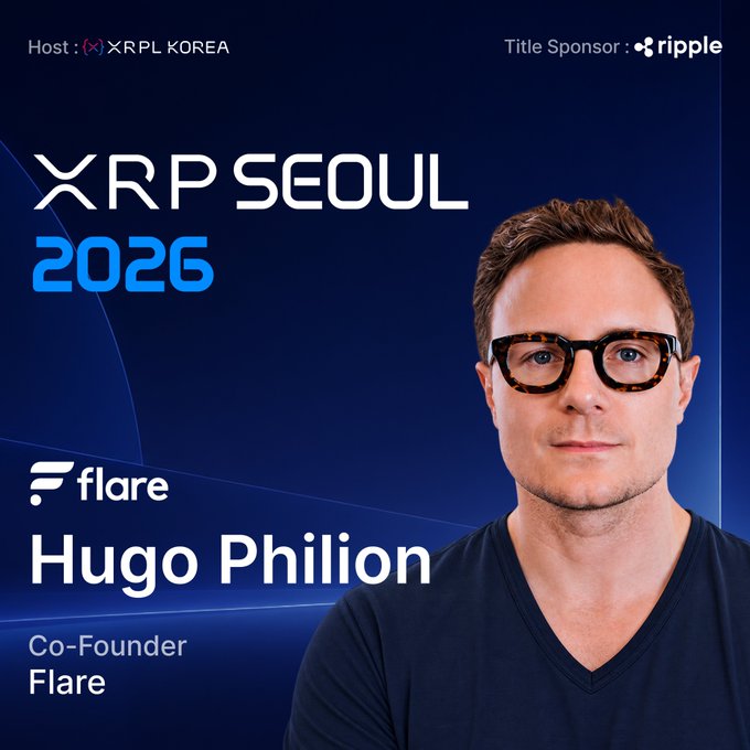 Promotional graphic for XRP SEOUL 2026 hosted by XRPL KOREA, with Ripple as title sponsor, featuring a photo of Hugo Phillion, Co-Founder of Flare.