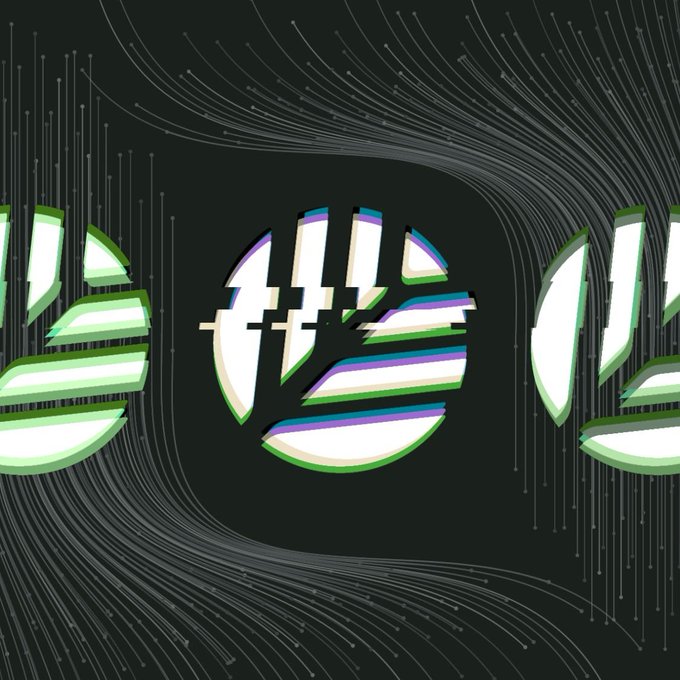 An abstract digital artwork featuring fragmented circular logos with green, purple, and white stripes against a dark background with flowing line patterns.