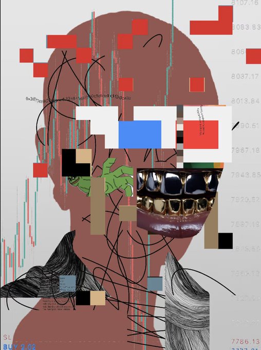 A fragmented digital collage of a figure wearing gold grills is overlaid with red and green stock chart candlesticks, financial numerical data (such as 8107.16, 790.51, and 7786.13), and the text "PANIC DRIFTER." The chaotic mix of financial market imagery and abstract glitch art visually reflects the high-stakes volatility of the NFT secondary market mentioned in the caption, where the "PANIC DRIFTER" piece by @R3ORDR recently sold for 0.45 ETH.