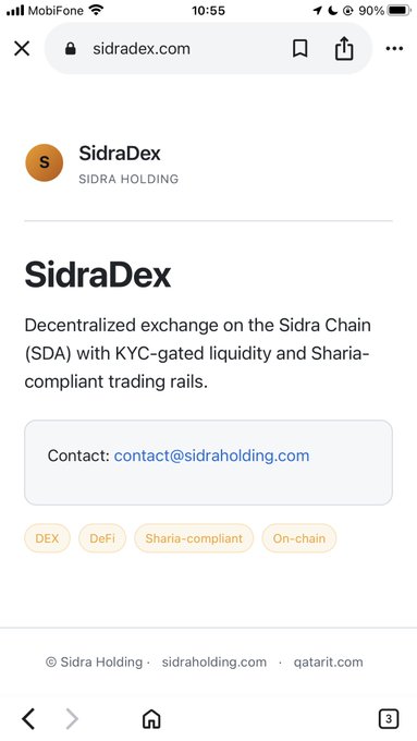 A mobile browser screenshot shows the SidraDex profile page on sidradex.com, describing it as a "Decentralized exchange on the Sidra Chain (SDA) with KYC-gated liquidity and Sharia-compliant trading rails," tagged with categories DEX, DeFi, Sharia-compliant, and On-chain. The page supports the post by confirming SidraDex as an accurate product within the Sidra ecosystem, with contact listed as contact@sidraholding.com.