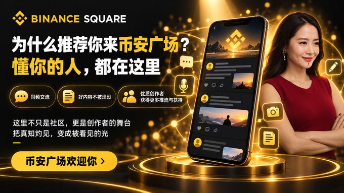 A promotional banner for 'Binance Square' featuring an Asian woman in a red dress beside a smartphone displaying the app, with Chinese text asking 'Why do we recommend Binance Square? The people who understand you are all here.'