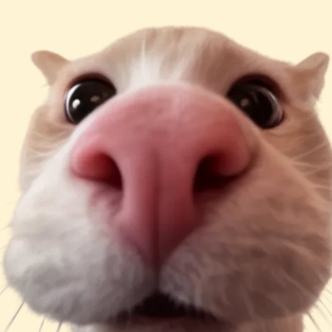 A close-up photo of an orange and white cat's face from a low angle, with its large pink nose prominently filling the center and wide eyes looking upward.