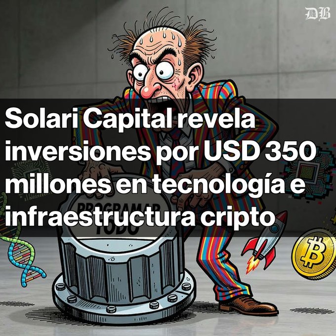 An illustrated image of a stressed, sweating cartoon character in a rainbow-striped suit over a trash can, with Spanish text 'Solari Capital revela inversiones por USD 350 millones en tecnología e infraestructura cripto' and a Bitcoin coin.
