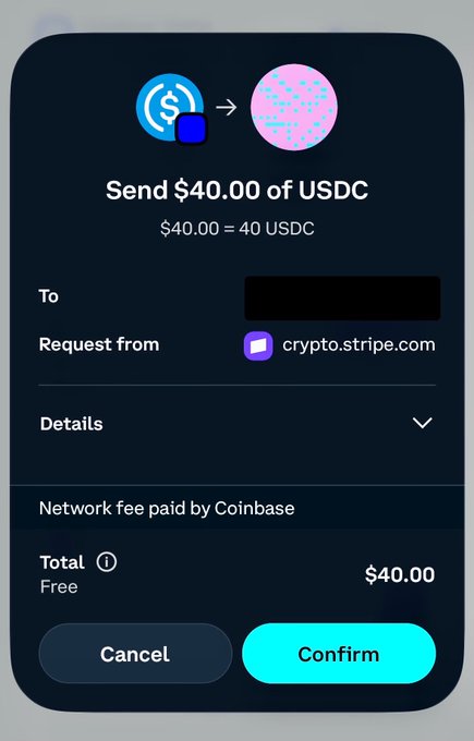 A Coinbase wallet confirmation screen shows a request to “Send $40.00 of USDC” from crypto.stripe.com, with a network fee paid by Coinbase and a total of $40.00. It illustrates a manually built USDC payment checkout being requested through Stripe.