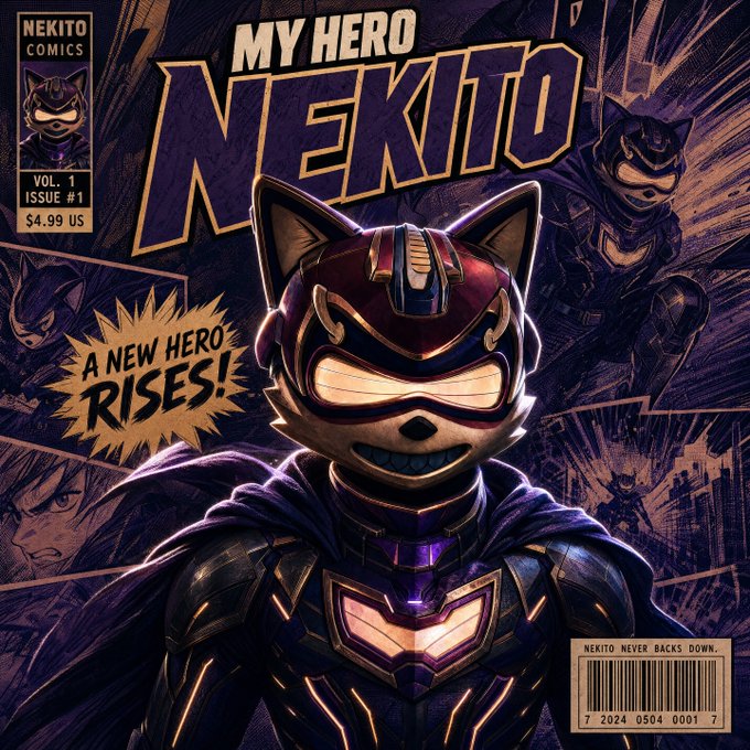 A comic book cover titled 'MY HERO NEKITO' from Nekito Comics, Vol. 1 Issue #1, $4.99 US, featuring a cat-like superhero in a mask and cape with the tagline 'A NEW HERO RISES!'