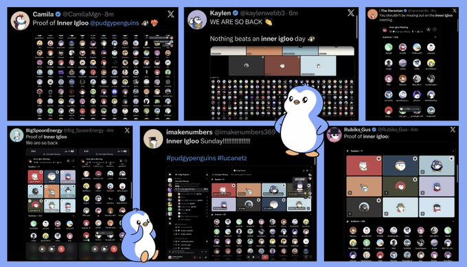 A collage of six X (Twitter) posts from users like @CamilaMgn, @kaylewebb3, and @lucanetz showcasing 'Proof of Inner Igloo' with numerous profile pictures and a cartoon penguin mascot.