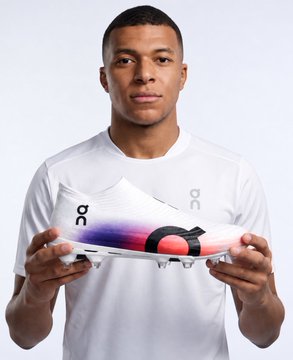 Soccer player Kylian Mbappé holding up an On brand cleat against a white background.