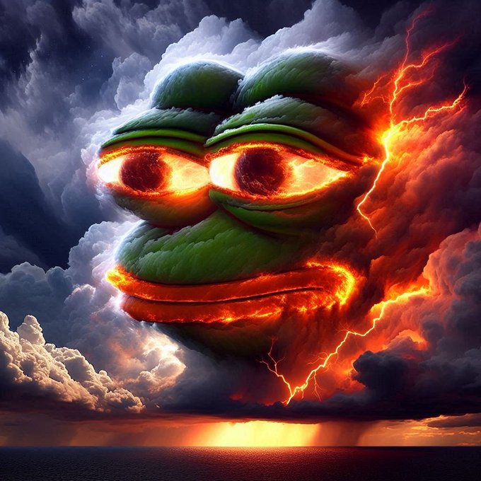 A dramatic digital illustration of a green Pepe frog head emerging from storm clouds, with glowing red-orange eyes and mouth, surrounded by lightning over an ocean horizon at sunset.