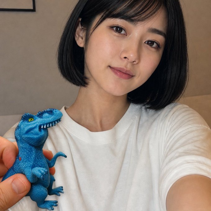 A casual selfie of a young woman with short dark hair wearing a white t-shirt, holding a small blue toy dinosaur up to the camera.