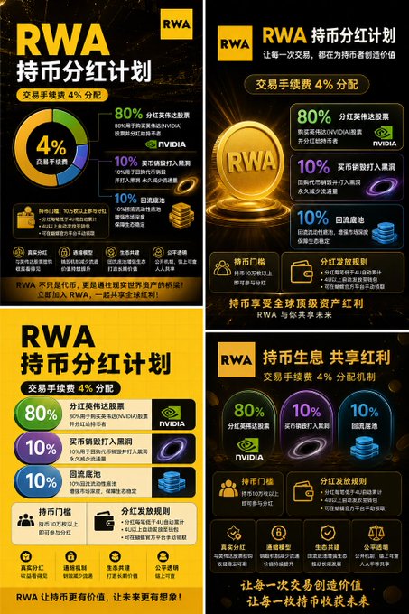 The image shows four promotional posters for an "RWA 持币分红计划" (RWA Token Holding Dividend Plan) advertising a 4% trading fee allocation split: 80% to NVIDIA stock dividends, 10% to a market cap buyback fund, and 10% to a back-to-base pool. The posters emphasize benefits like "真实分红" (real dividends), "通缩模型" (deflationary model), "生态共建" (ecosystem co-building), and "公平透明" (fair and transparent), with the bold tagline "RWA让持币更有价值，让未来更有想象！" (RWA makes holding tokens more valuable and the future more imaginable). The image relates to the post by promoting an RWA token project on BSC that promises real returns through stock dividends and buyback mechanisms, illustrating the type of high-yield opportunity the tweet suggests is driving speculative activity on Binance Smart Chain.