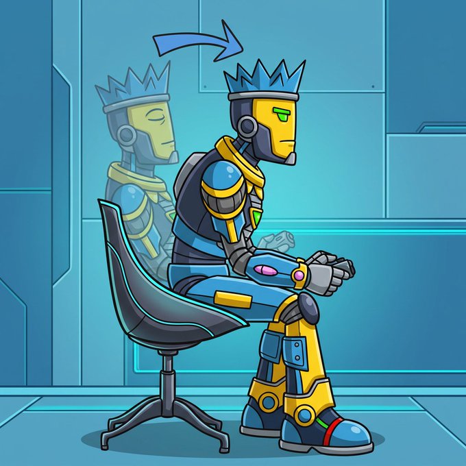 A cartoon illustration shows a robotic king with a blue and yellow crown sitting in a chair, with an arrow pointing from his crown to the side, indicating a transformable headpiece.