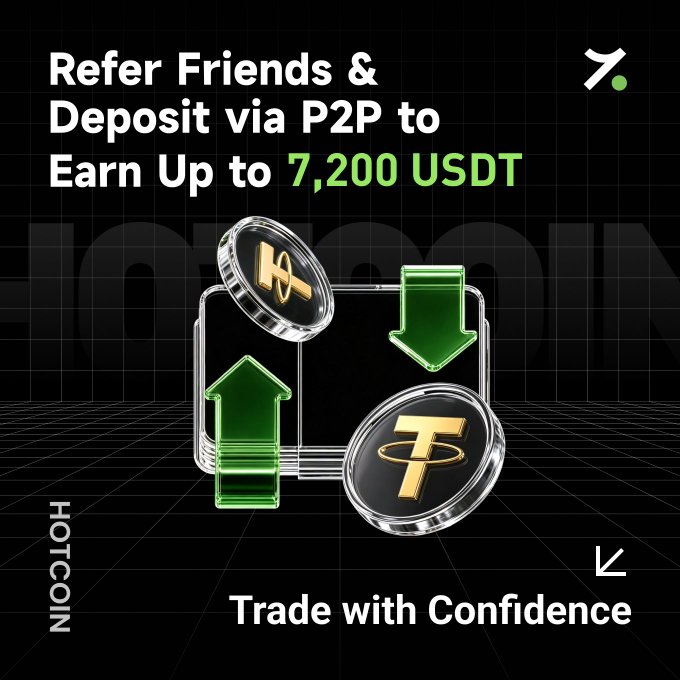 A promotional advertisement from HOTCIN exchange offering referral bonuses up to 7,200 USDT for depositing via P2P, with the tagline 'Trade with Confidence'.