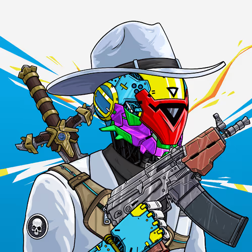 A futuristic cowboy wearing a colorful, geometric robot mask holds an assault rifle across his chest against a vibrant blue background, with a sword strapped to his back. The image captures the post's resilient, "rolling with the punches" vibe—channeling a lone gunslinger energy to reframe a rough week of failed experiments as just another challenge to tackle head-on.