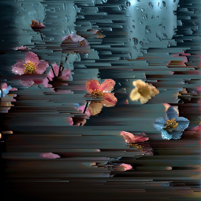 An artistic, glitchy image showing pink and yellow flowers floating on water with droplets, with horizontal distortion effects throughout.