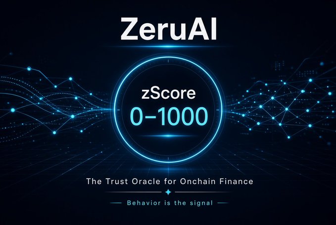 A digital graphic for 'ZeruAI' displays a zScore range of 0-1000 in a glowing blue circle, with the tagline 'The Trust Oracle for Onchain Finance' and 'Behavior is the signal'.