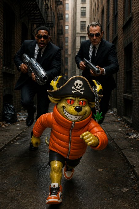 A green-skinned cartoon pirate character in an orange puffer jacket and skull-emblazoned tricorn hat sprints down an alleyway while two men in black suits and sunglasses chase after him wielding firearms. The scene evokes a playful "Good Morning Web3" energy from @BullBearsX, with the bold, mischievous mascot channeling a rebellious weekend escape vibe—bullish on crypto, dodging the suits who probably represent traditional finance chasing the meme coin movement.