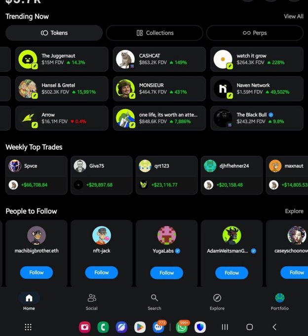 Crypto/Web3 app dashboard showing Trending Now section with tokens like The Juggernaut, CASHCAT, watch it grow, Hansel & Gretel, MONSIEUR, Naven Network, Arrow, and The Black Bull, plus a People to Follow section.