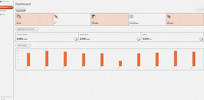 A Helium network dashboard screenshot showing an IOT (IoT) hotspot with 8TM, earnings of 374.55K, Connected status, and 55.76M data transfer, along with bandwidth statistics including 6.64 Mbps download speed and 2.58 Mbps upload speed.