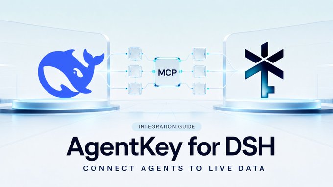 A promotional graphic showing the DeepSeek whale logo connected through MCP (Model Context Protocol) data nodes to the AgentKey logo, with the tagline "AgentKey for DSH - Connect Agents to Live Data" and labeled as an "Integration Guide," illustrating how AgentKey from Chainbase Labs enables agents to access live data through MCP integration with DeepSeek Harness.