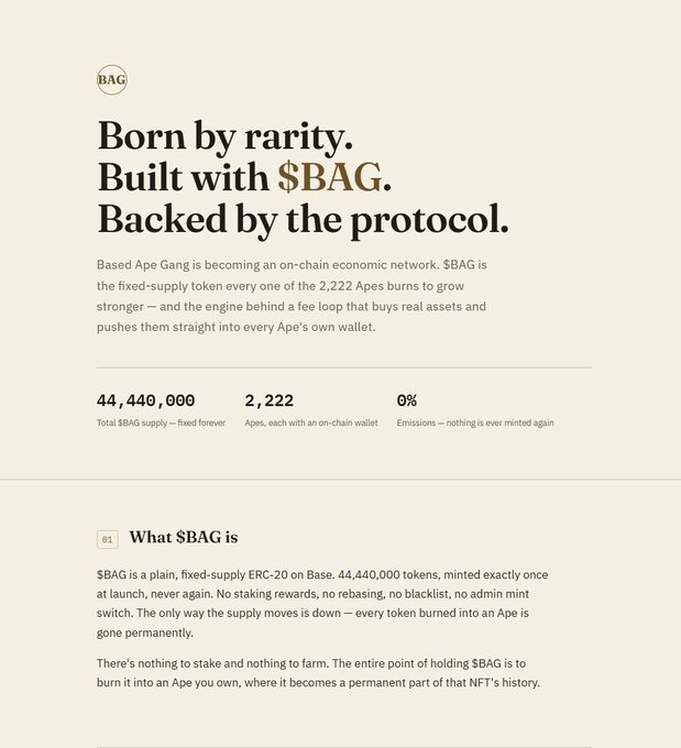 An informational webpage titled 'Born by rarity. Built with $BAG. Backed by the protocol.' explaining the Based Ape Gang token, with stats showing 44,440,000 total supply and 2,222 Apes.
