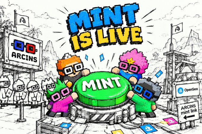 A vibrant pixel-art illustration announces "MINT IS LIVE" in bold blue and yellow letters above four colorful, blocky pixel characters with glasses pushing a large green "MINT" button, while a sign on the right displays the "OpenSea" logo and an "ARCINS mint link" arrow, reinforcing the post's call to mint via the official OpenSea collection and share/tag after.