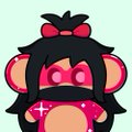 A cartoon character with dark hair, red headphones, and a pink outfit on a mint green background.