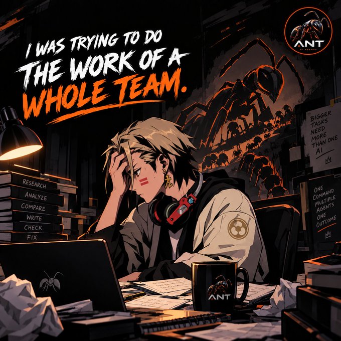 An anime-style illustration of a stressed person at a desk with a laptop and headphones, accompanied by the text 'I WAS TRYING TO DO THE WORK OF A WHOLE TEAM.' and an 'ANT' logo.