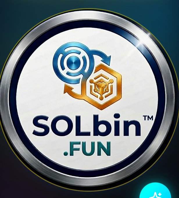 A circular metallic logo displays “solbin™ .FUN” with blue and gold emblem graphics, and a small blue icon appears near the lower right edge.