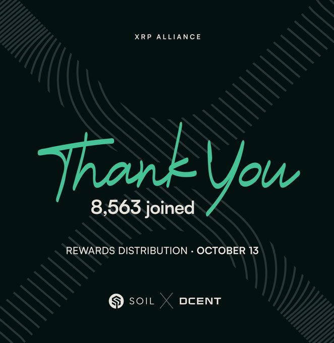 A dark promotional graphic from "XRP ALLIANCE" features a large teal "Thank You" message announcing that "8,563 joined" a SOIL × DCENT campaign, with a note that "REWARDS DISTRIBUTION · OCTOBER 13" will be delivered in XRP to eligible participants who allocated to the XRP Vault through DCENT Wallets. The SOIL and DCENT logos appear at the bottom, visually reinforcing the partnership and reward milestone highlighted in the accompanying post.