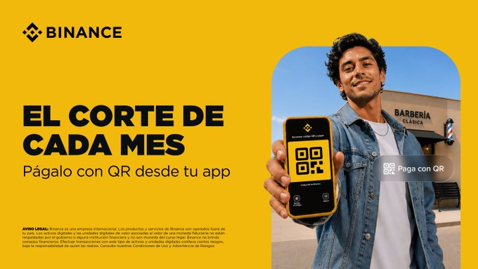 A Binance advertisement with a yellow background features a smiling young man holding up a phone displaying a QR code, with text 'EL CORTE DE CADA MES, Págalo con QR desde tu app' and 'BARBERÍA CLÁSICA' visible on the barbershop in the background.