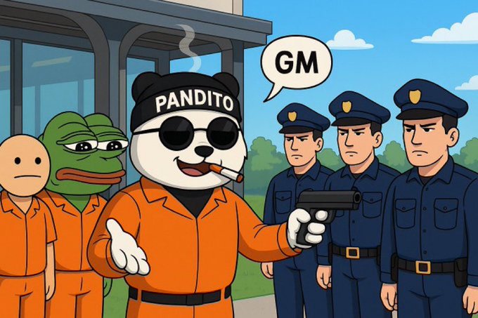 An animated cartoon scene featuring a panda character wearing sunglasses and a 'PANDITO' beanie holding a gun, with a speech bubble saying 'GM', flanked by police officers and other characters in orange jumpsuits.