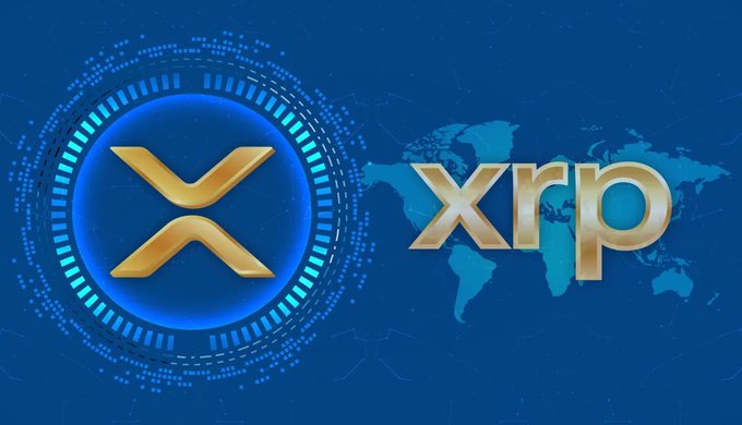 A graphic displaying the gold XRP cryptocurrency logo with the text 'xrp' against a blue digital background featuring a world map.