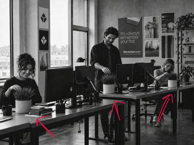 Three people work at computers in a modern office decorated with a poster reading "You always remember your first / Blockchain.com," with red arrows pointing toward the desks' plant pots. The scene ties to the post's message by contrasting the bustling activity of a crypto-era office with a reminder that even the most hyped industries and their workspaces will pass with time.