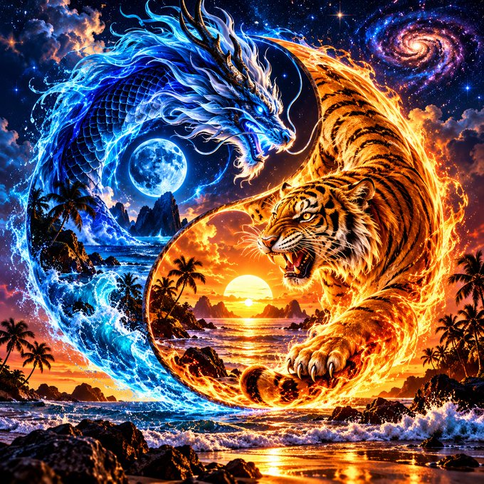 A vibrant digital fantasy artwork depicting a blue water dragon and a fiery orange tiger intertwined in a yin-yang formation, set against a cosmic background with a galaxy, moon, tropical scenery, and a sunset over the ocean.