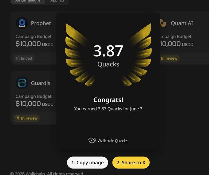 In this image, there's a screenshot of an app called Watchchain that displays the user's achievements as they were spent throughout a campaign. The user has earned 3.87 Quacks for their hard work during the campaign, which also mentions "quacks" in the description. The user's approval is still under review, and they have not yet reached an optimal level of achievement. Additionally, the app features banners advertising different campaigns on its side, as well as a post on social media promoting Watchchain.