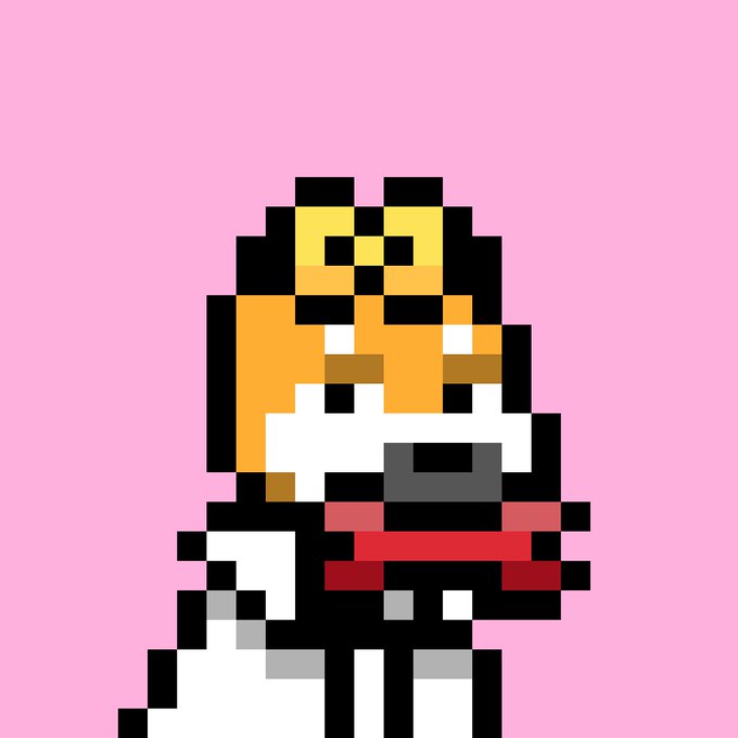 A pixel art character with an orange face and yellow hat, wearing a red and white outfit, set against a pink background.