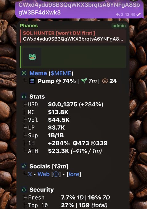 A Telegram message showing details for a meme token $MEME on Pump with stats including MC $13.8K and +284% gain.