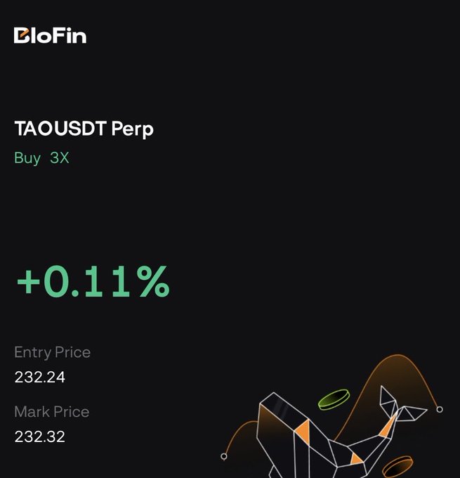 A screenshot from BloFin showing a TAOUSDT perpetual futures position with a 3X buy leverage, currently up +0.11% with an entry price of 232.24 and mark price of 232.32. The image relates to the post by displaying a profitable long position on TAO, supporting the suggestion to buy into its AI narrative.