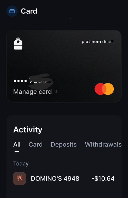 A screenshot of the Backpack mobile app showing a Platinum debit card and recent activity, with a $10.64 charge from Domino's 4948, illustrating the user's successful purchase of pizza with BP via USDC.