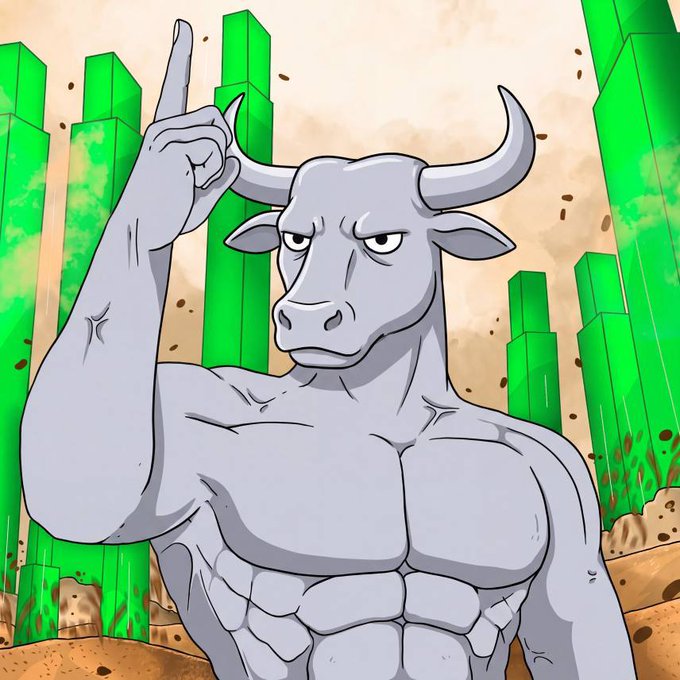 A cartoon illustration depicts a muscular gray bull with an angry expression pointing its finger upward, set against a background of green vertical bars resembling a rising chart.