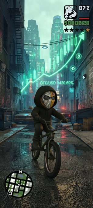 A GTA-style gameplay screenshot shows a masked character on a BMX bike in a rainy city, overlaid with a crypto chart at 'BTC/USD 420.69%' and a 'S000420' wanted level.